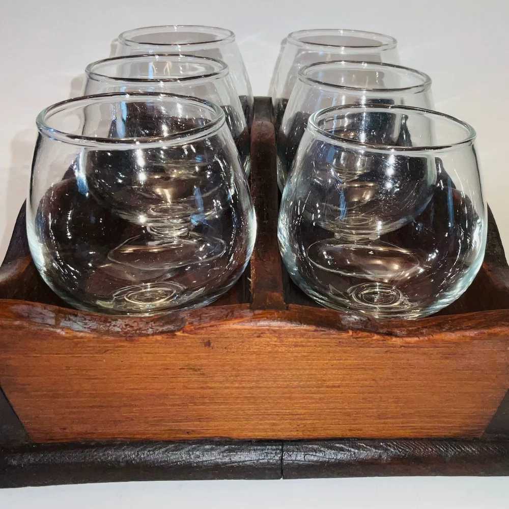 Vintage MCM Libbey Brandy Cocktail Glasses in Wooden Holder